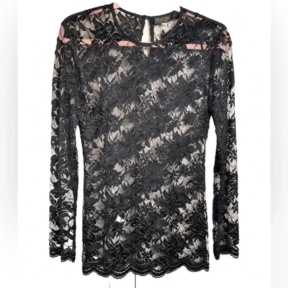 Tamotsu long-sleeve sheer  lace top, Medium. Black Sexy Elegant Classy Feminine
